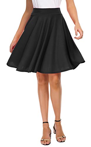 EXCHIC Women's Casual Stretchy Flared Mini Skater Skirt Basic A-Line Pleated Midi Skirt (L, Black)