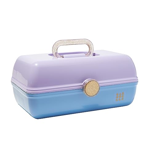 Claire's Features - Caboodles Makeup Case, On the Go Girl Travel Cosmetic Organizer with Mirror, Lavender & Blue with Glitter Gold Handle Storage Box: 13 x 7.4 x 6 Inches