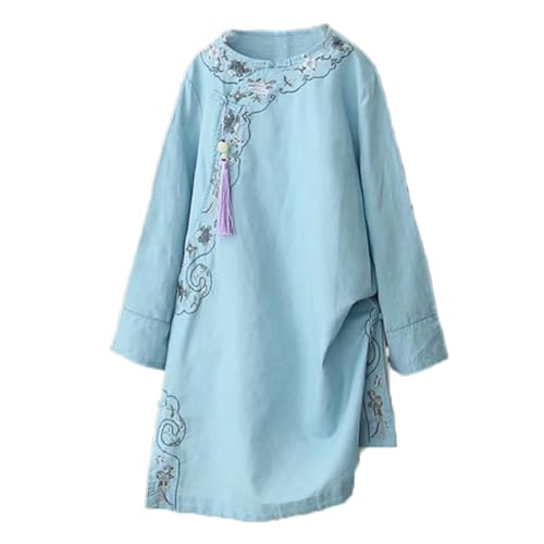 Cotton Linen Embroidery Hanfu Top Pants Two Pieces Style Retro Suit Shirt China Traditional Loose O-neck s1 Blue L
