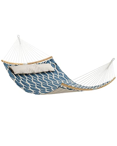 SONGMICS Hammock, Quilted Hammock with Curved Bamboo Spreaders, Pillow, 78.7 x 55.1 Inches, Portable Padded Hammock Holds up to 495 lb, Blue and Beige Rhombus UGDC034I02