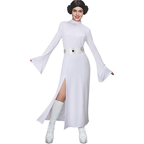 NIHONCOS Womens Leia Costume Dress Halloween Medieval White Hooded Long Dress Robe Outfit Full Set With Belt Cosplay Party Props (Adult, Medium)