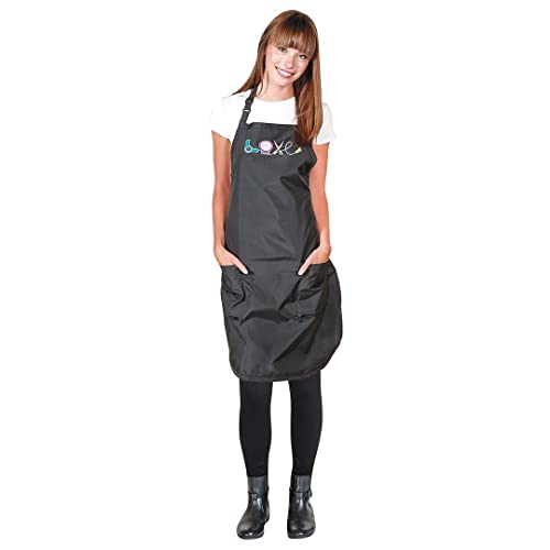 Betty Dain Embroidered Love Stylist Apron, Stylish, Lightweight Iridescent Fabric with Embroidered Decal, Versatile Color, Water Resistant, Convenient Snap Neck Closure, Black/Multi