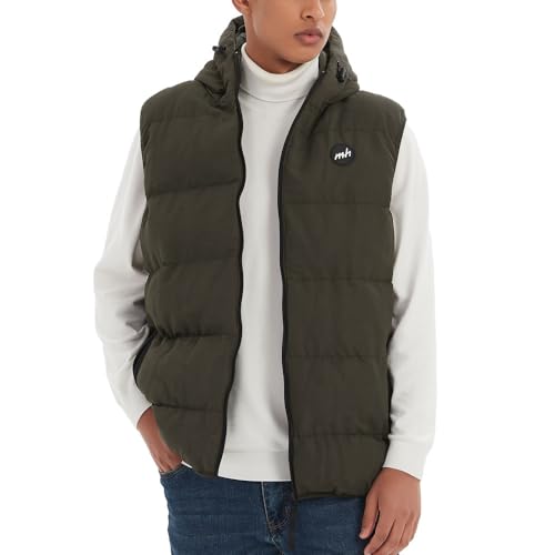 MADHERO Men's Puffer Vest with Hood Water-Resistant Winter Puffy Vests Outerwear Olive Green Size L