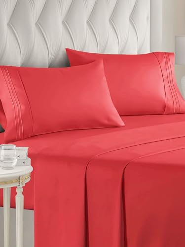 King Size 4 Piece Sheet Set - Comfy Breathable & Cooling Sheets - Hotel Luxury Bed Sheets for Women & Men - Deep Pockets, Easy-Fit, Extra Soft & Wrinkle Free Sheets - Red Oeko-Tex Bed Sheet Set