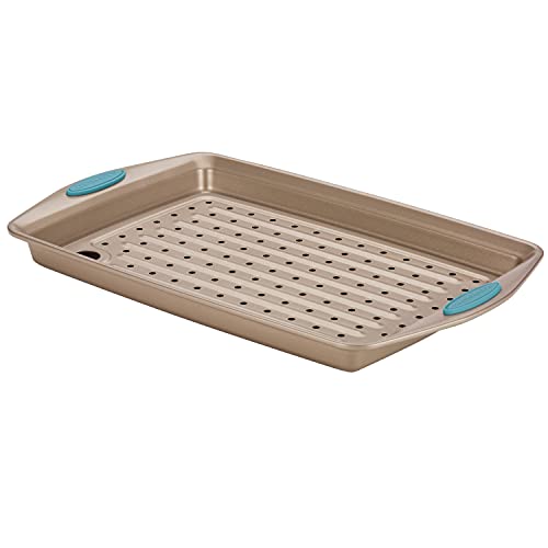 Rachael Ray Cucina Nonstick Bakeware Set with Grips, Nonstick Cookie Sheet / Baking Sheet and Crisper Pan - 2 Piece, Latte Brown with Agave Blue Handle Grips