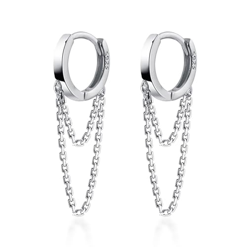 Reffeer 925 Sterling Silver Tassel Chain Drop Dangle Small Hoop Earrings Huggie for Women Teen (Silver)