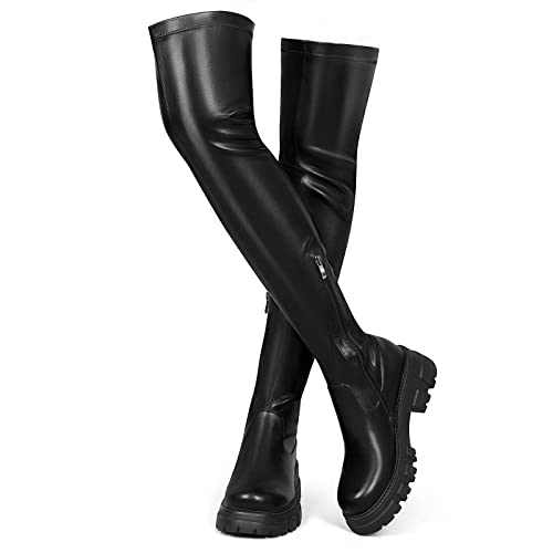 CouieCuies Black Thigh High Boots For Women Platform Over The Knee High Boots Lug Sole Comfortable Stretch Boots Low Heels Black 7.5