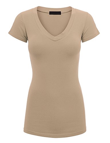 LL WT1606 Womens Basic Fitted Short Sleeve V-Neck T Shirt 1X Taupe