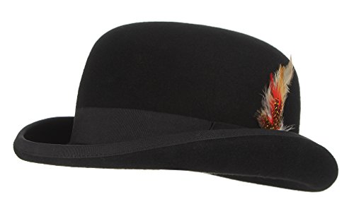 EOZY Mens 100% Wool Black Derby Hat with Removable Feather Satin Lined Roll Brim Bowler Hat