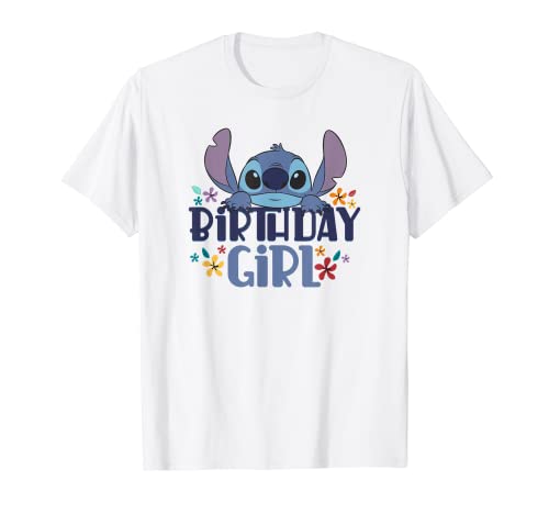 Disney Lilo & Stitch Birthday Girl Retro Floral Logo T-Shirt, White, Small