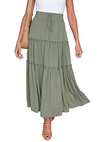 HAEOF Women's Boho Elastic High Waist A Line Ruffle Swing Beach Maxi Skirt with Pockets Green