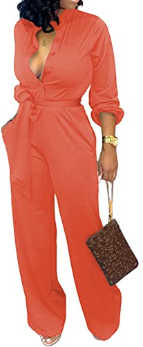 Orange Jumpsuits for Women Summer Elegant Casual Long Sleeve Button Down Long Straight Pants Rompers with Pockets Waistband