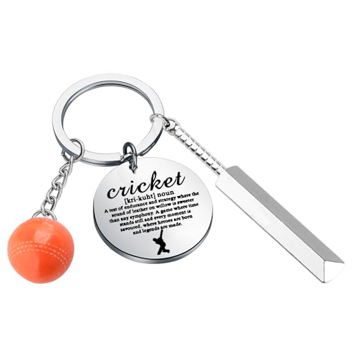 BEKECH Cricket Charm Keychain Cricket Lover Gift Cricket Sport Jewelry Cricket Gift for Cricket Players (silver)