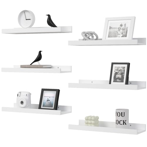 DOLLFIO Floating Shelves Set of 6, White Wall Shelves with Lip, Display Shelves for Wall Decor, Modern Picture Ledge for Living Room, Bedroom, Nursery, Bathroom, Pictures, Books, Plants- White