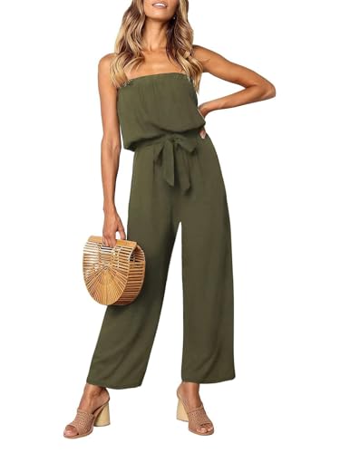 ZESICA Women's 2024 Casual Off Shoulder Solid Color Strapless Belted Wide Leg Jumpsuit Romper,Army Green,Medium