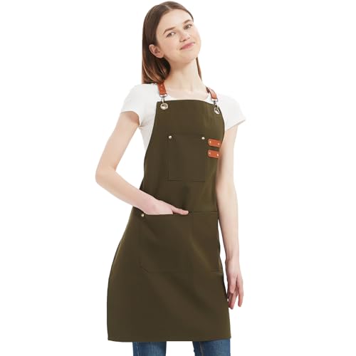 AFUN Chef Aprons for Women Men with Large Pockets, Cotton Canvas Cross Back Water Repellent Work Apron, Size M to XXL (Greygreen)