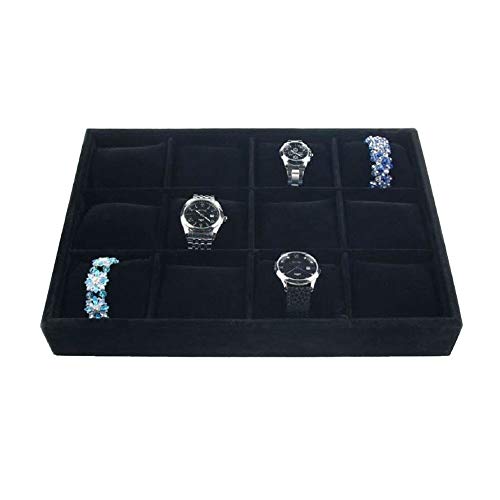 XinTan Tiger Watch Tray 12 Slots Watch Tray Velvet Watch Show Tray Jewelry Watch Show Box Jewelry Trays Stackable (Black)