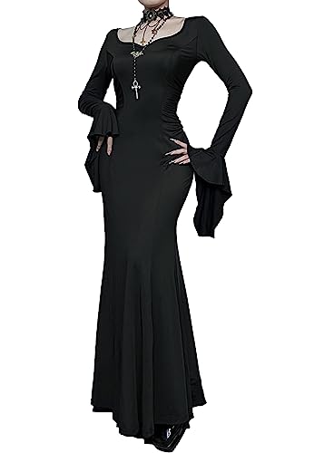TSMNZMU Halloween Gothic Flare Sleeve Maxi Dress for Women Dark Style Slim Long Dresses Long Sleeve V-Neck Vintage Evening Dress
