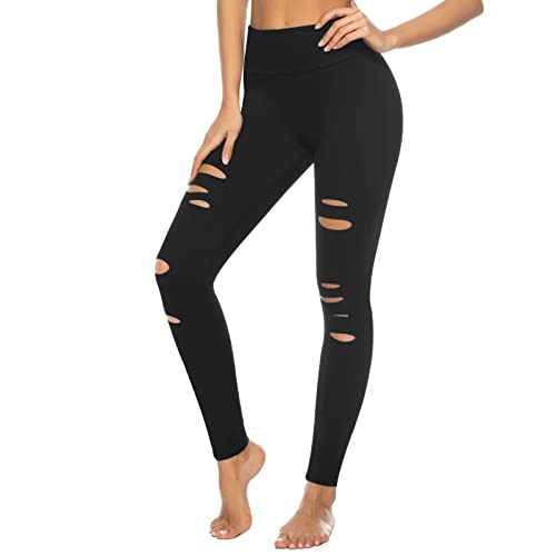 GROTEEN Ripped Leggings for Women Cutout Yoga Pants-High Waisted Tummy Control Workout Running Skinny Leggings Black