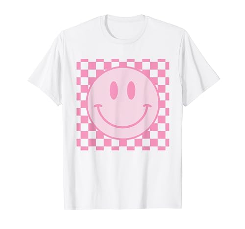 Retro Happy Face Shirt Checkered Pattern Smile Face Trendy T-Shirt