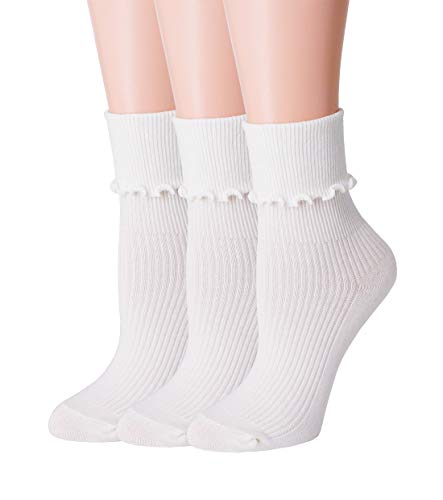 SRYL Women Ankle Socks Ruffle Turn-Cuff,Lovely double needle solid color edge relent Girl socks (3 Pairs-white)