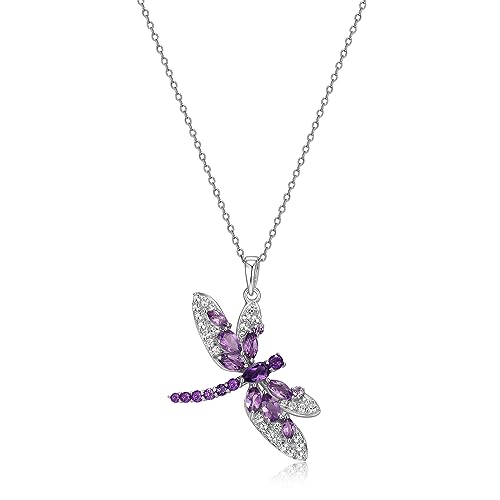 .925 Sterling Silver Genuine African and Brazilian Amethyst with White Topaz 1-1/3' Dragonfly Pendant Necklace on 18' Chain