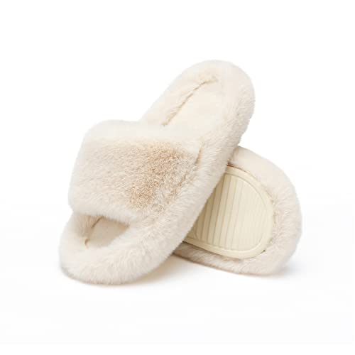 Chantomoo Women's Slippers Memory Foam House Bedroom Slippers for Women Fuzzy Plush Comfy Faux Fur Lined Slide Shoes Anti-Skid Sole Trendy Gift Slippers Beige Size 9 10 8.5