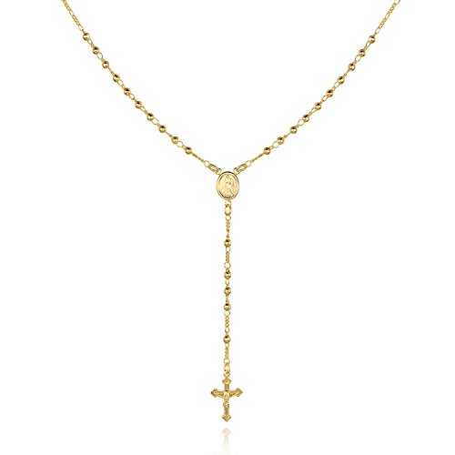 Barzel 18K Gold Plated Virgin Mary Rosary Bead Cross Necklace - Made In Brazil (18 Inches)