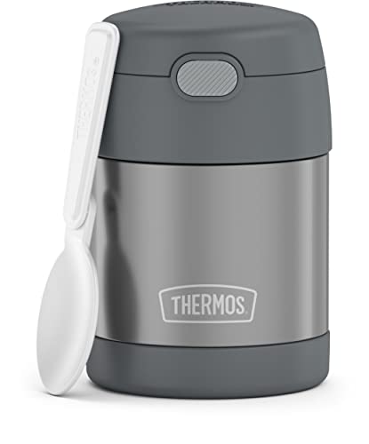 THERMOS FUNTAINER 10 Ounce Stainless Steel Vacuum Insulated Kids Food Jar with Folding Spoon, Grey
