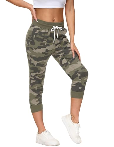 SPECIALMAGIC Women's Sweatpants Cropped Jogger French Terry Running Pants Lounge Loose Fit Drawstring Waist with Side Pockets Camouflage Army Green XL