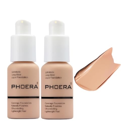 2Pack PHOERA Foundation,Full Coverage Foundation, Concealer Foundation Full Coverage Flawless New 30ml PHOERA 24HR Matte Oil Control Concealer (103 Warm peach)