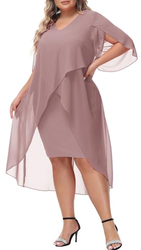 Hanna Nikole Plus Size Glitter Cocktail Dress for Women Ruffle 3/4 Sleeve Chiffon Layered Dress for Party Wedding Dust Rose 3X