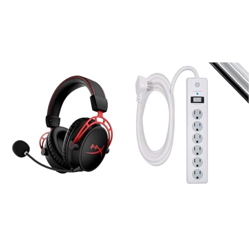 HyperX Cloud Alpha Wireless - Gaming Headset for PC & GE 6-Outlet Surge Protector, 10 Ft Extension Cord, Power Strip, 800 Joules, Flat Plug, Twist-to-Close Safety Covers, UL Listed, White, 14092
