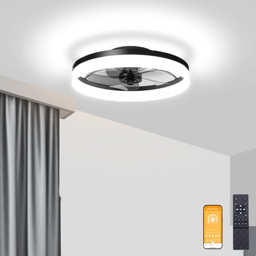 VOLISUN Low Profile Ceiling Fans with Lights and Remote, Fandelier Ceiling Fan Flush Mount 19.7inch, 3000K-6500K Smart Bladeless LED Fan Light, Black Modern Ceiling Fans with Lights for Bedroom