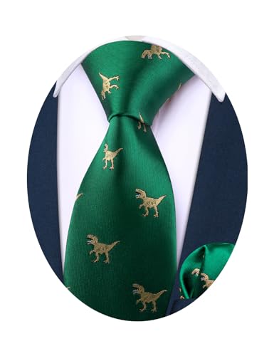 Barry.Wang Neckties for Boys Green Dinosaur Boy's Self-Ties 47.2' Handkerchief Set Teenager Uniform Festival
