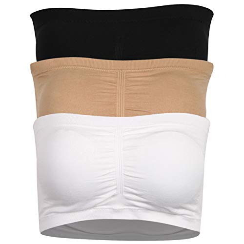 DD DEMOISELLE Bandeau Padded Bra, Women's Tube Top Bra Plus Size Off-The-Shoulder Strapless Bra Summer 3-Pack Black Beige White XL