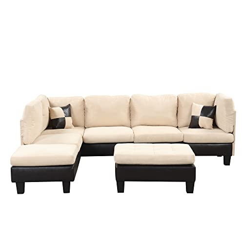 Divano Roma Furniture Modern 3 Piece Microfiber and Faux Leather L Shaped Sectional Sofa with Reversible Chaise & Ottoman, Large, Beige