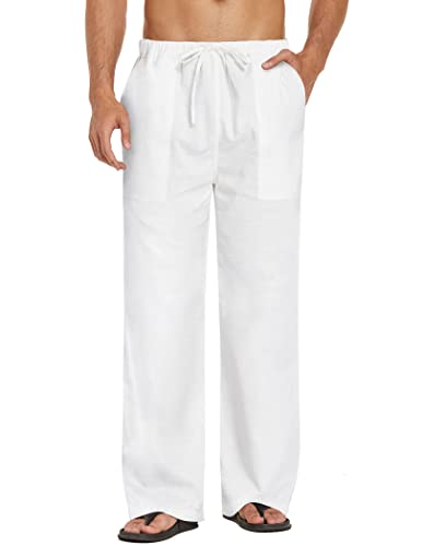COOFANDY Mens Linen Loose Pant Lightweight Elastic Waist Trouser Yoga Beach Pant A- White