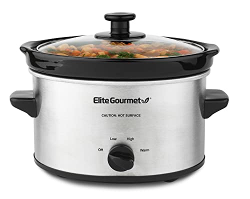 Elite Gourmet MST-275XS Electric Oval Slow Cooker, Adjustable Temp, Entrees, Sauces, Stews & Dips, Dishwasher Safe Glass Lid & Crock (2 Quart, Stainless Steel)