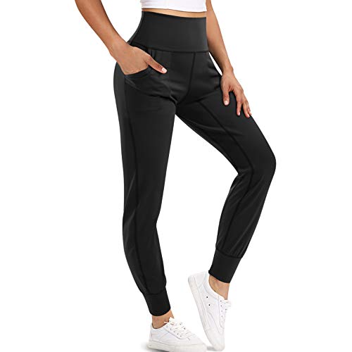 LEINIDINA Women’s Jogger Pants Active High Waisted Sweatpants with Pockets Tapered Casual Lounge Pants Loose Track Cuff Leggings (Black, Small)