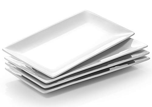 DOWAN 9.7' Rectangle Serving Plates Set of 4 - Restaurant Plates for Party, Wedding, and Entertaining - White Rectangular Dishes for Steak, Taco, Sushi, Chips, Appetizer, Cake - Dishwasher & Oven Safe