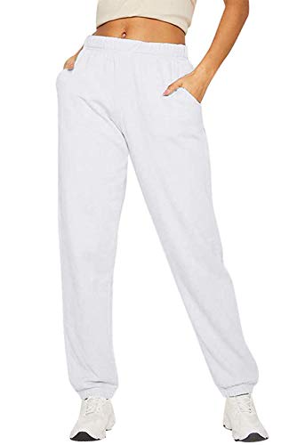 Women's Cinch Bottom Sweatpants Pockets High Waist Sporty Gym Athletic Fit Jogger Pants Lounge Trousers(A-a-White, M)