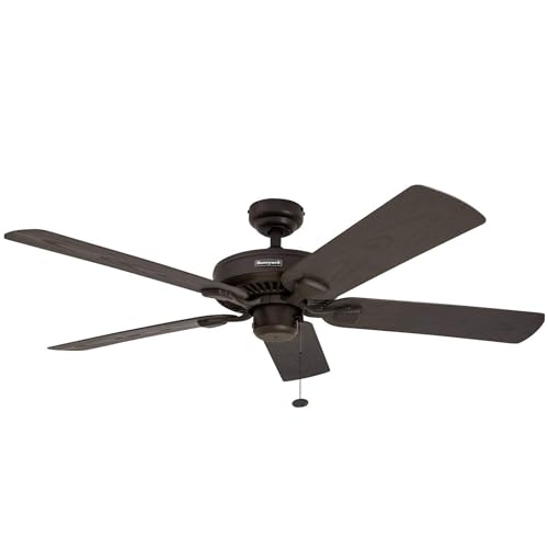 Honeywell Ceiling Fans Belmar, 52 Inch Traditional Indoor Outdoor LED Ceiling Fan with No Light, Pull Chain, Three Mounting Options, ETL Damp Rated, Reversible Motor - 50199-01 (Bronze)