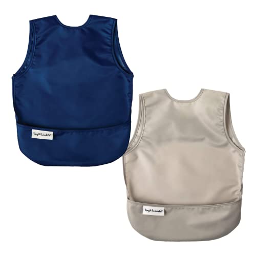 Tiny Twinkle Mess-Proof Apron Toddler Bibs w/Tug-Proof Closure, Baby Food Bibs, 2 Pack Grey Indigo, (Small 6-24 Months)
