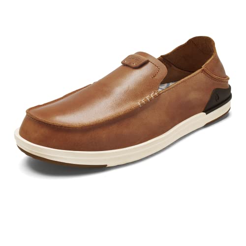 OLUKAI Kakaha Men's Slip-On Shoes, Full-Grain Leather Sneakers, Gel Insert for Comfort & Support, Comfort Fit & Wet Grip Rubber, Fox/Fox, 12