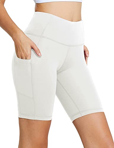 BALEAF Biker Shorts Women Yoga Gym Workout Spandex Running Volleyball Tummy Control Compression Shorts with Pockets 8' White XXL