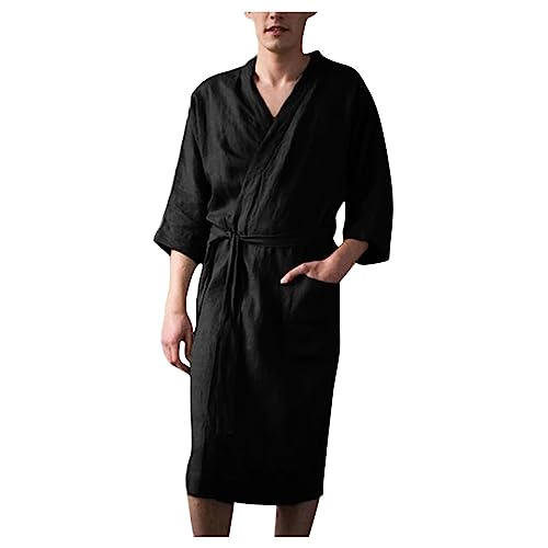 Cambkatl Men's Robe 3/4 Sleeve Kimono Bathrobe Short Knee Length Lightweight Spa Bathrobe Pockets Turkish Hotel Nightgown