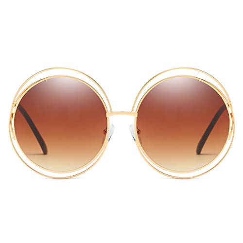 Dollger Round Sunglasses for Women Men Vintage Shades Oversized Sunglasses Metal Double Circle Wire Frame,Brown