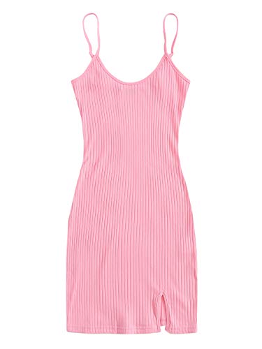 Floerns Women's Casual Solid Sleeveless Cami Split Hem Ribbed Knit Bodycon Mini Dress Pink S