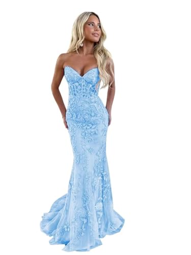 Lace Appliques Tulle Prom Dresses for Women Sweetheart Light Blue Ball Gown Strapless Mermaid Formal Dress Size 2